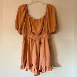 Altard State Womens Peach Ruffle Romper Puff Sleeve Tie Back Bow Easter Large